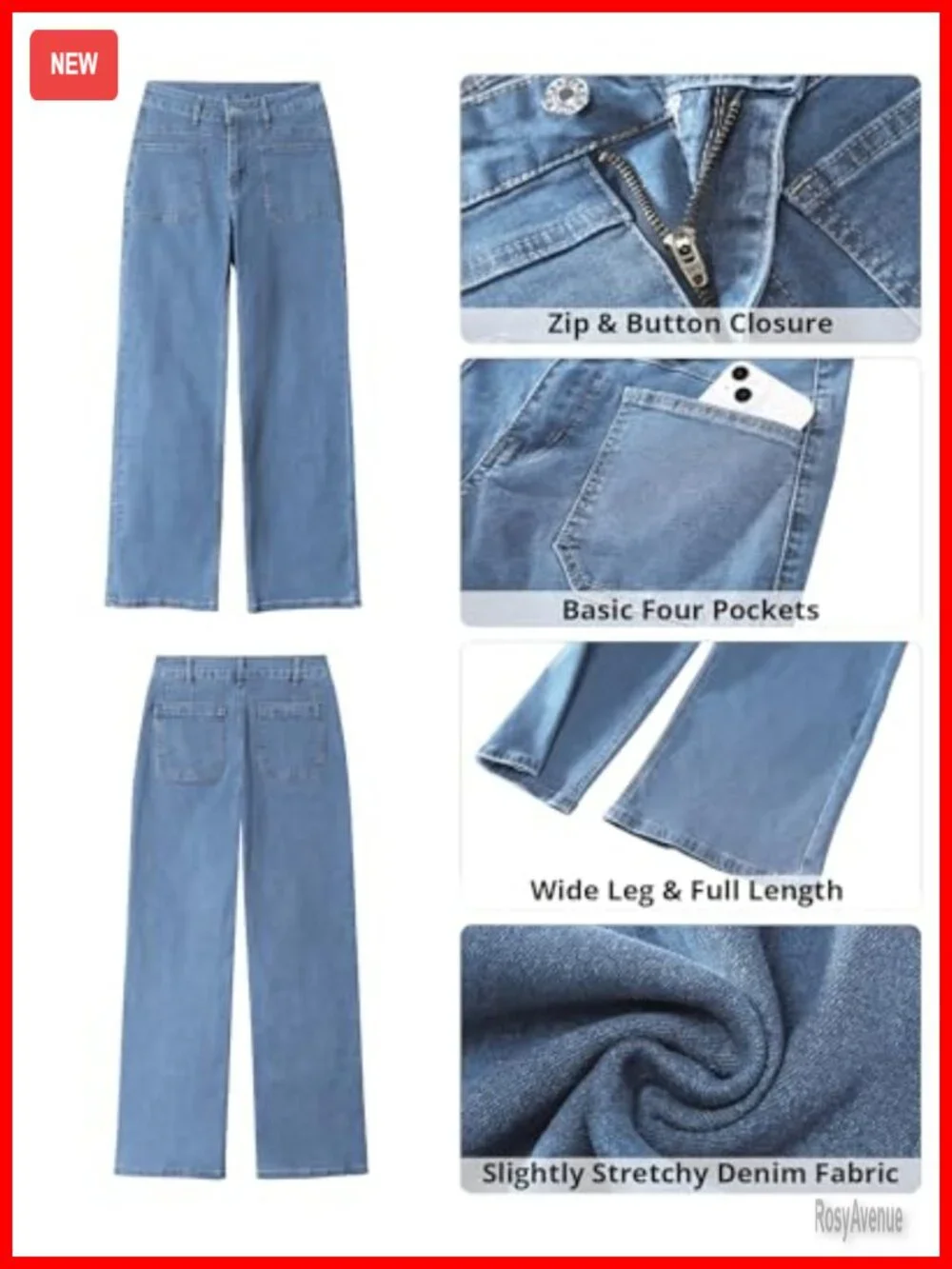 High Waisted Wide Leg Stretchy Retro Denim Jeans with Pockets